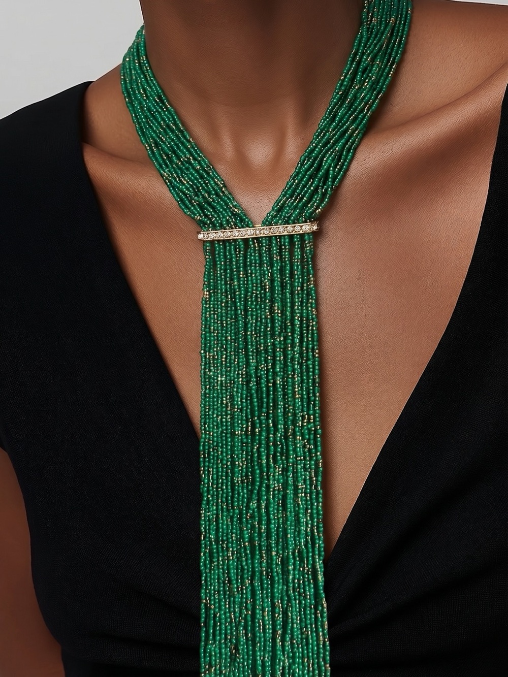 Green Multi-Strand Beaded Necklace with Gold Accent